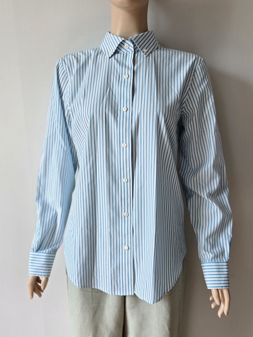 Brooks Brothers Light Blue and White Striped Button-Down Cotton Blouse US 8